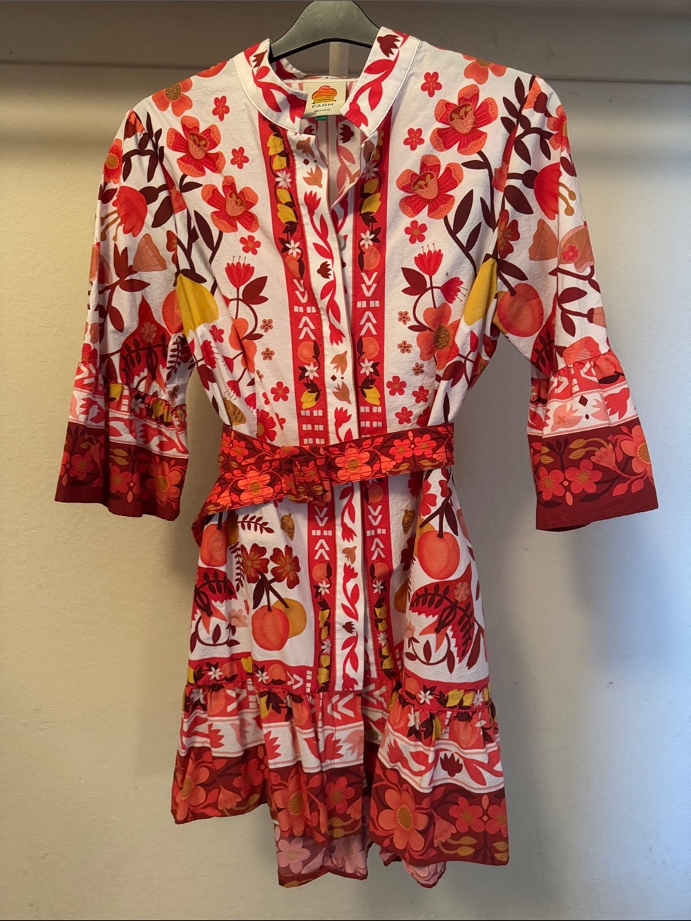 FARM Rio Red, Orange & Yellow Floral Belted Mini Dress